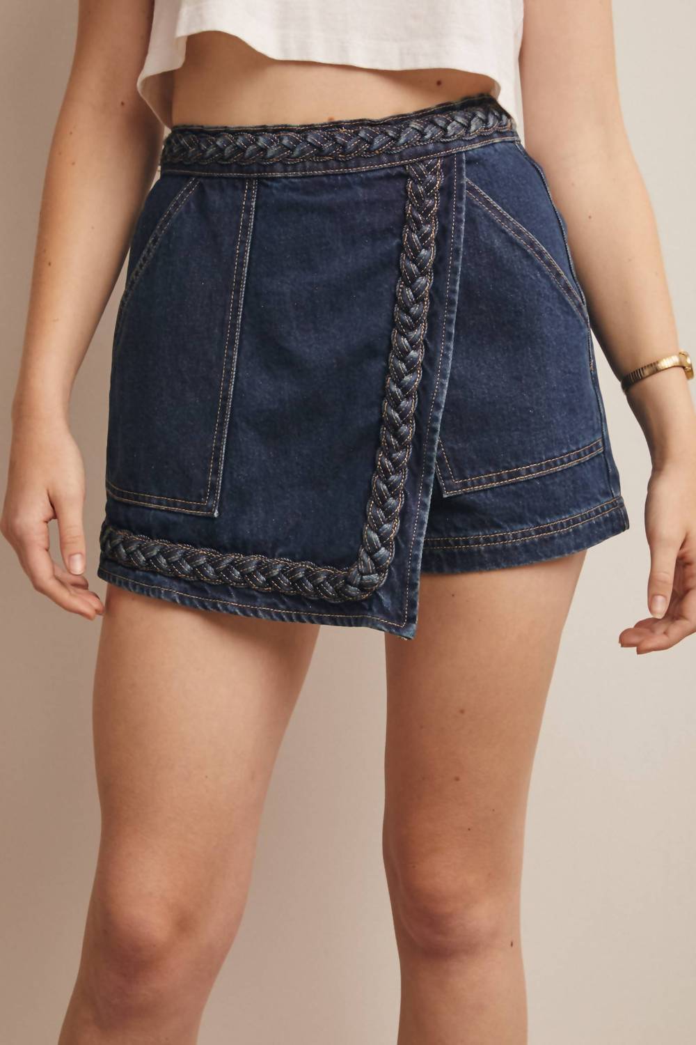 Forte - Braided Trim Denim Wrap Skort