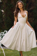 PLEATED STITCHING DEEP V NECK HALTER WAIST PLAIN MIDI DRESSES