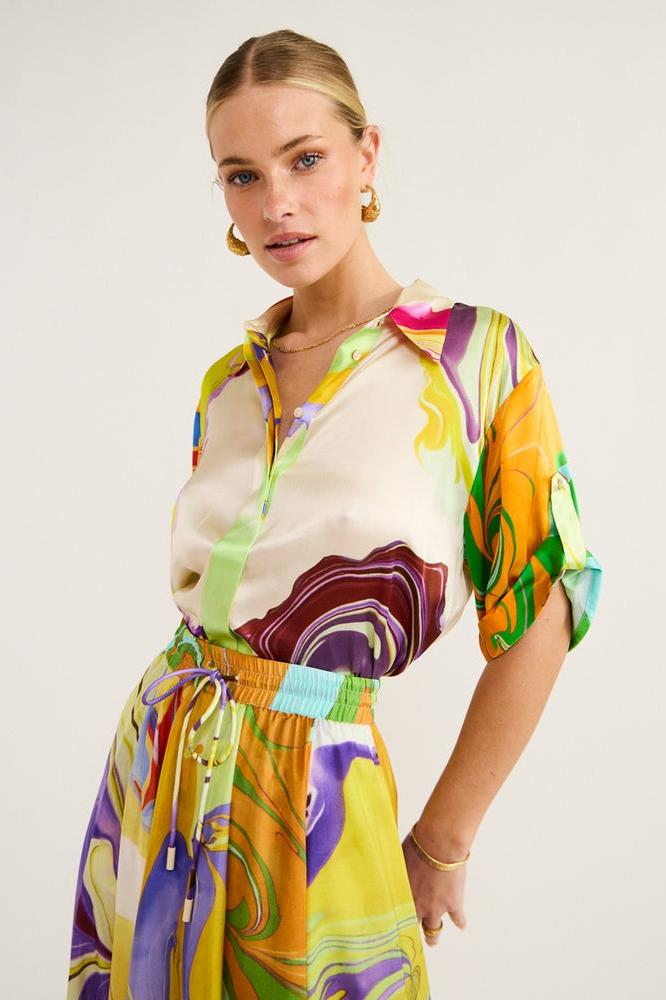 MODERN PRINTED SATIN BLOUSE AND SKIRT SET