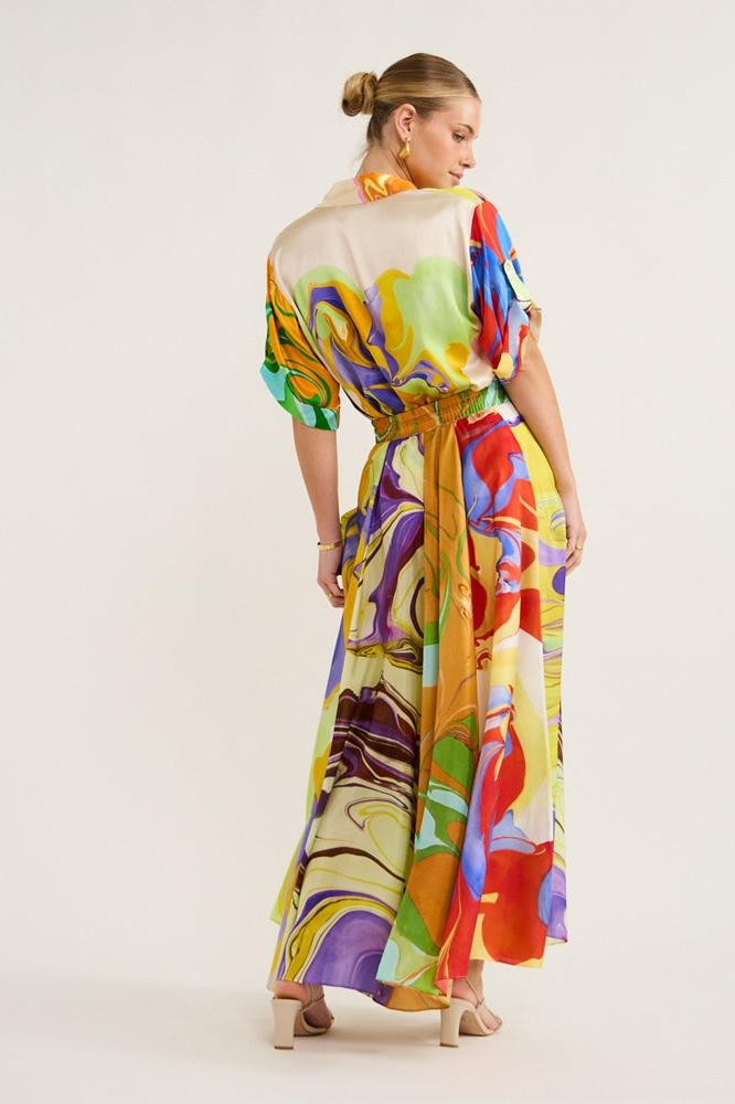 MODERN PRINTED SATIN BLOUSE AND SKIRT SET