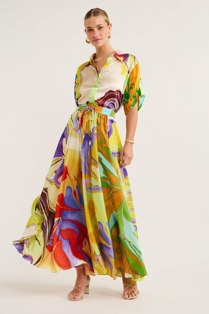 MODERN PRINTED SATIN BLOUSE AND SKIRT SET