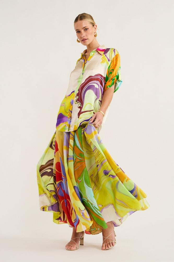 MODERN PRINTED SATIN BLOUSE AND SKIRT SET