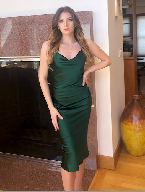 Aspen Midi Dress - Emerald Green Satin Slip Dress
