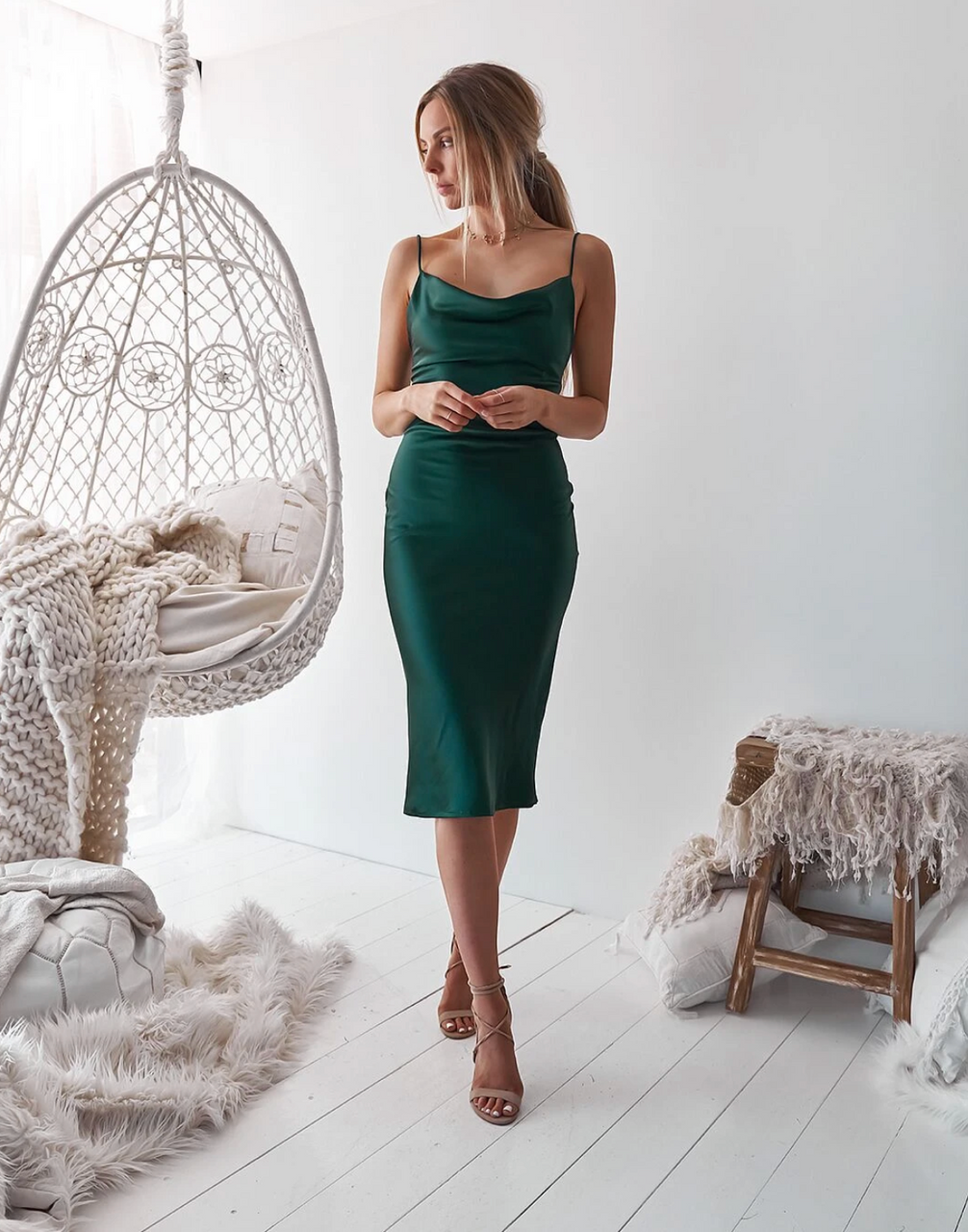Aspen Midi Dress - Emerald Green Satin Slip Dress