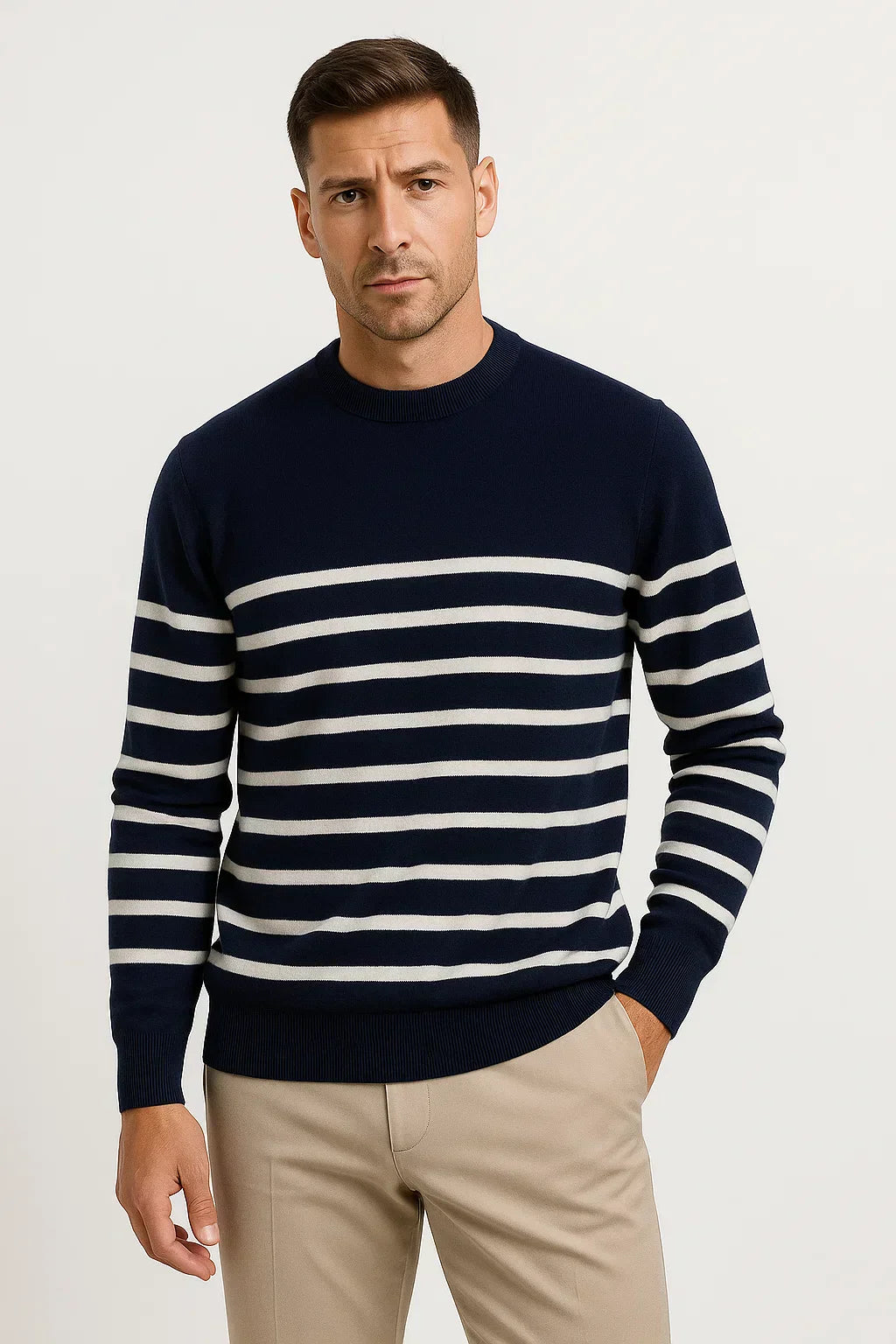 Men's Wool Sweater | Navy Stripe Knit | Classic O-Neck