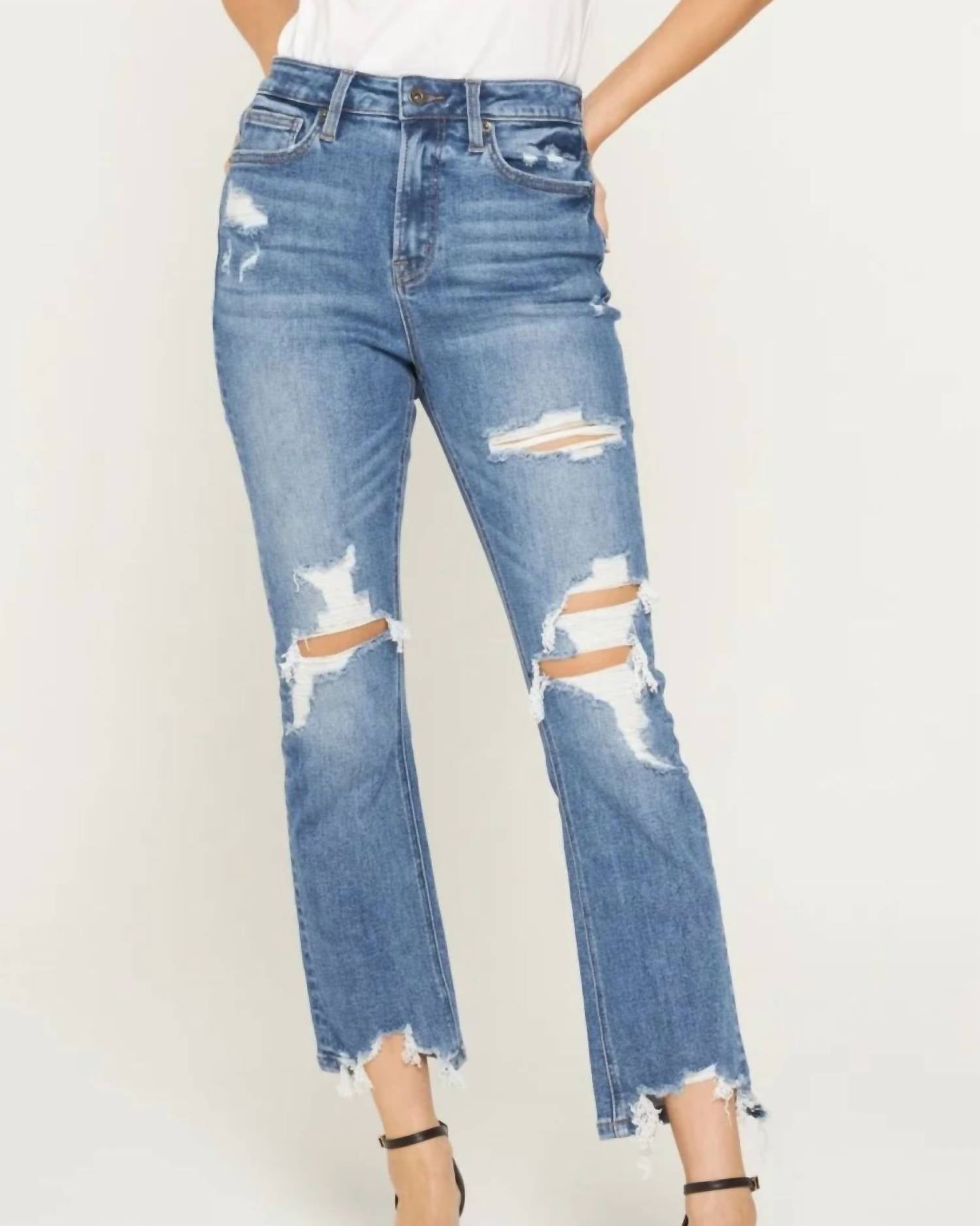 Mica Denim - Super High Straight Distressed Raw Hem Jeans
