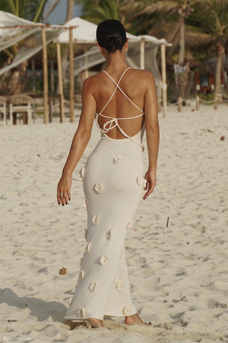 Crochet Maxi Dress With Flowers - Nude