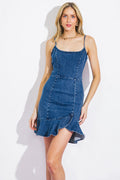 FIRST TO KNOW - RUFFLE HEM TIE BACK DENIM MINI DRESS