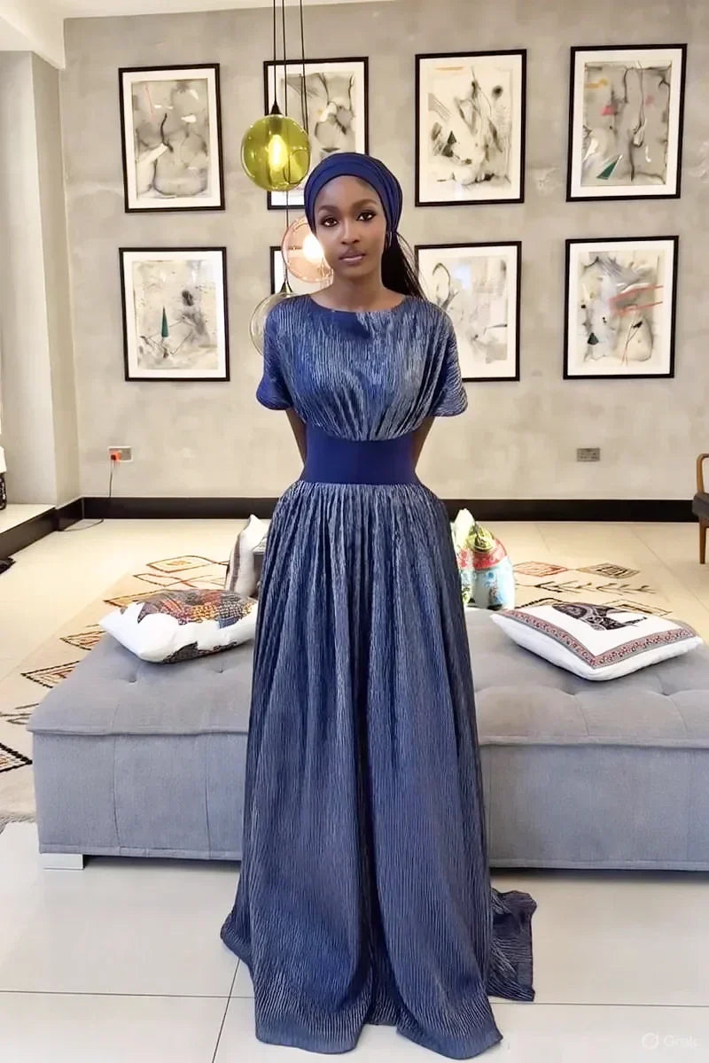 Royal Blue Metallic Pleated Maxi Dress
