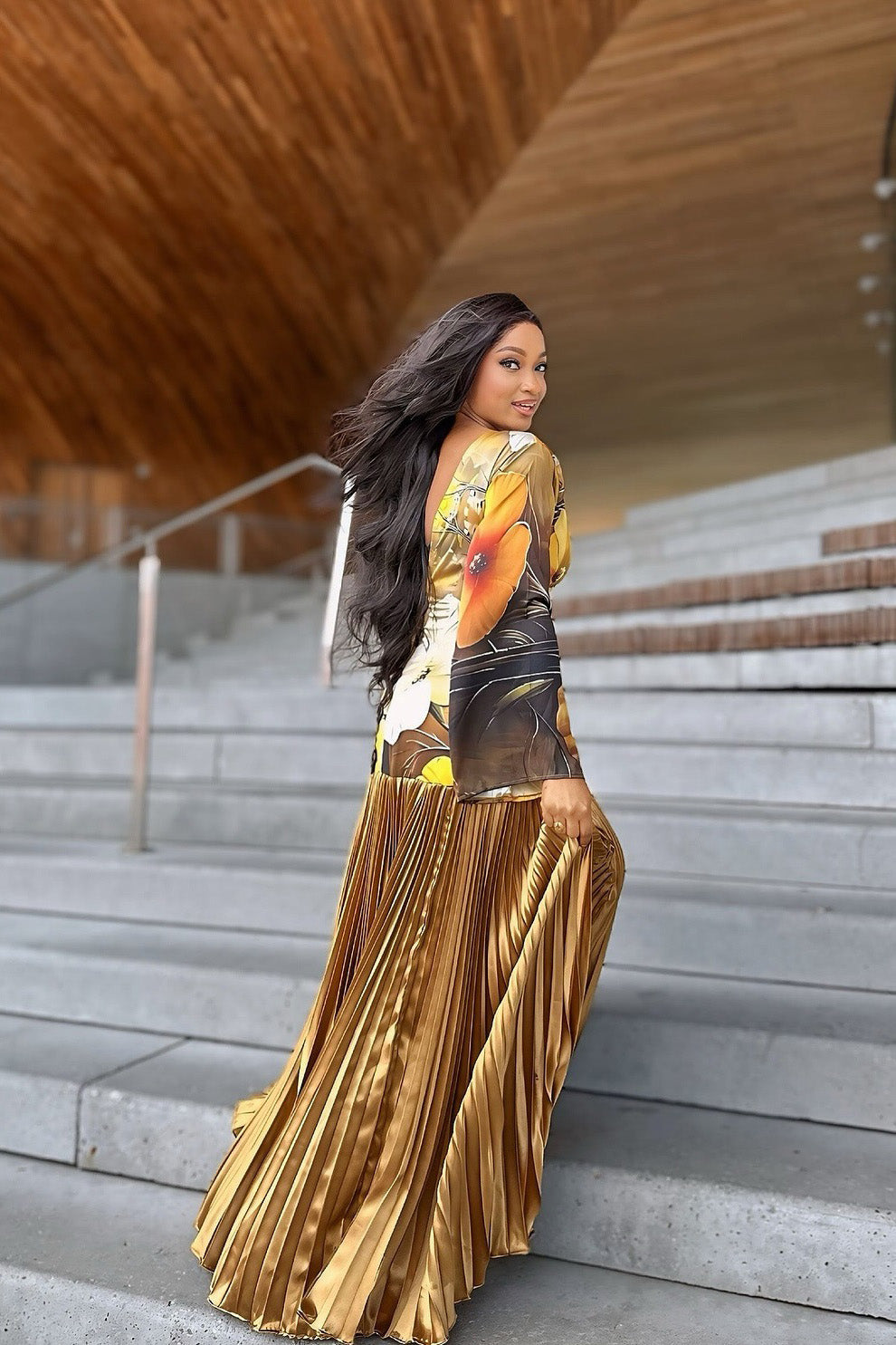 Sunflower Gold Pleated Maxi Dress