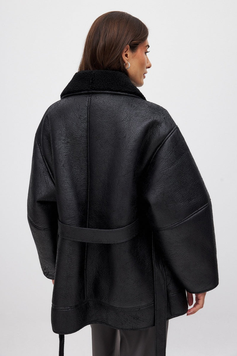 Belted Faux Sheepskin Jacket