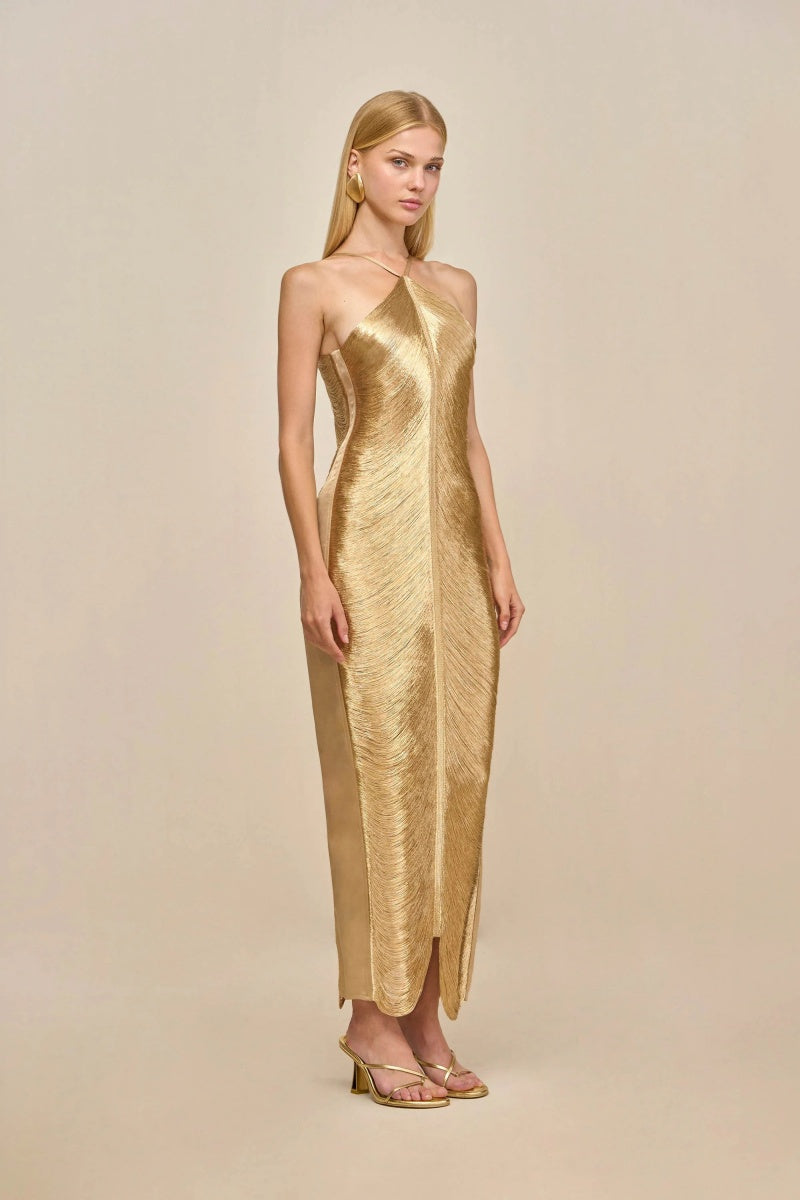 Tassel Back Slit Halterneck Midi Dress