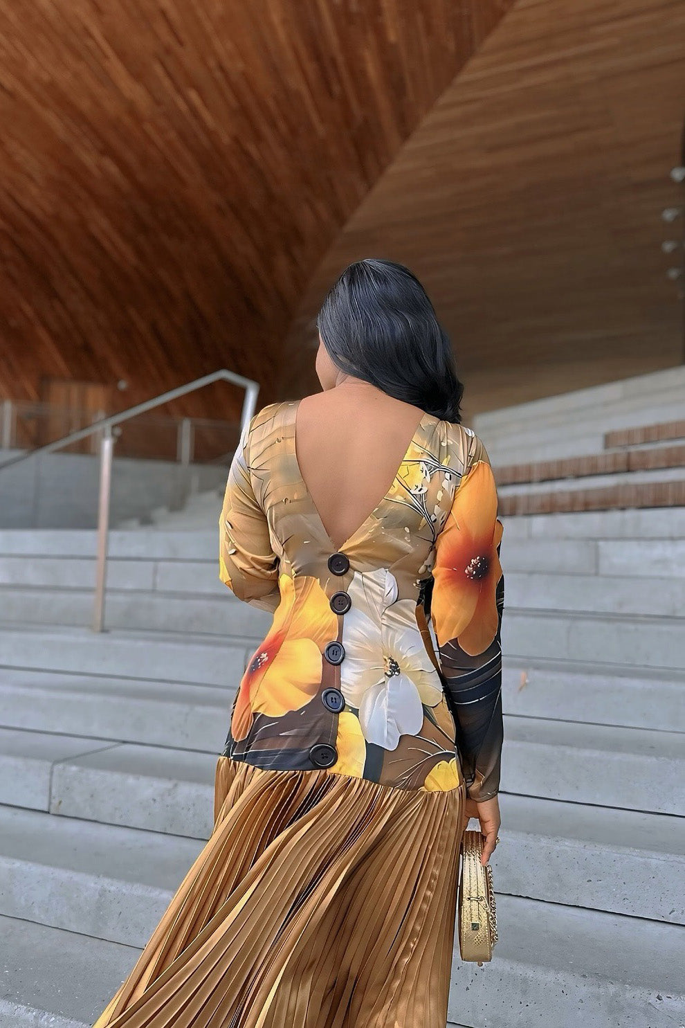 Retro Bell Sleeve Gold Maxi Dress