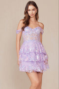 BRENNA MINI DRESS - LILAC - OFF SHOULDER TIERED SHORT DRESS