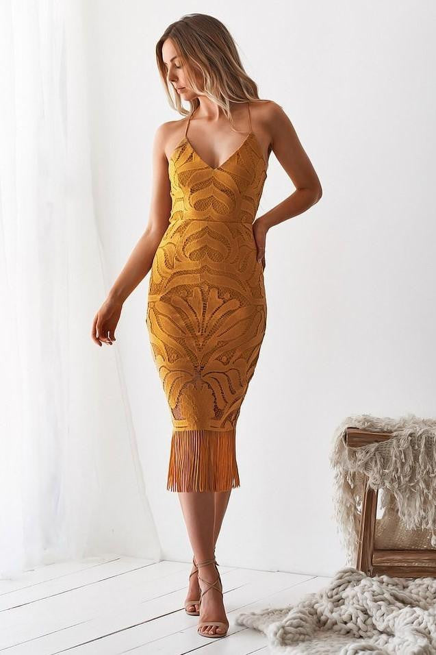 Khaleesi Dress - Mustard - Lace Dress With Fringe