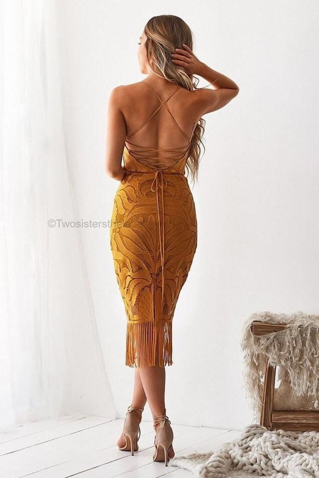 Khaleesi Dress - Mustard - Lace Dress With Fringe