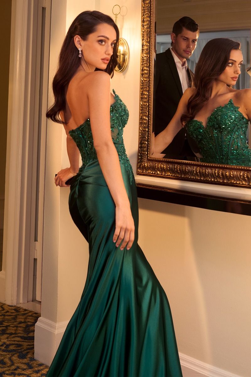 ALEXIS GOWN - SATIN & LACE STRAPLESS FITTED GOWN
