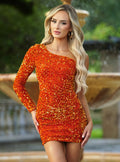 Size Medium. Rita One Sleeve Sequin Mini Dress - Burnt Orange - FINAL SALE