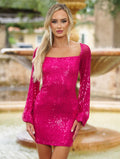Size XS. Sylvia Mini Dress - Fuchsia - Long Sleeve Sequin Short Dress - FINAL SALE