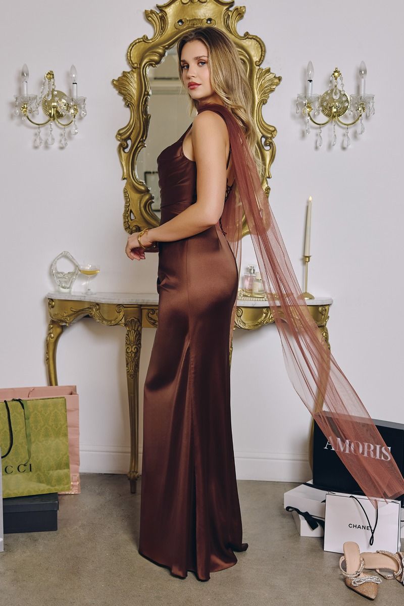 Toby Maxi - Satin Dress with Lace Up Back & Scarf