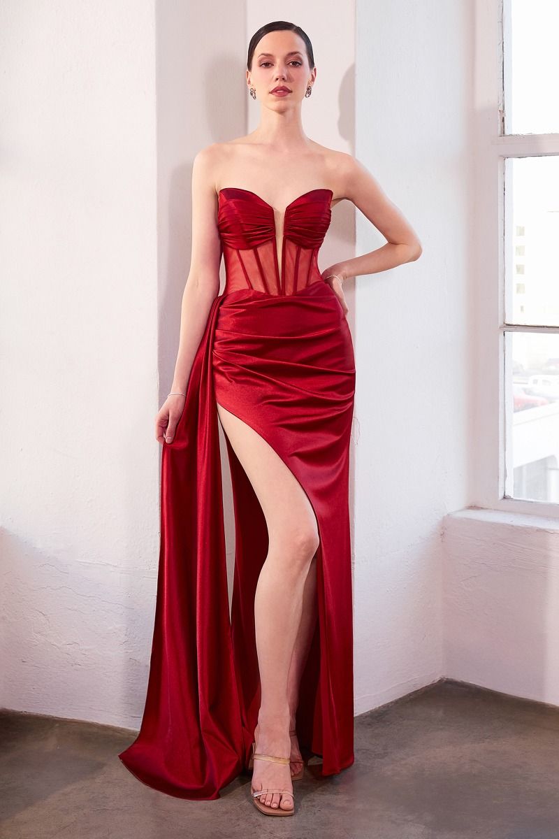 Jamie Gown â€?Satin Gown with Illusion Plunge Neckline