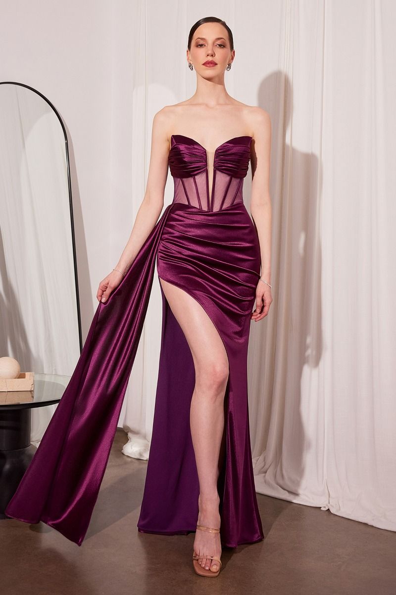 Jamie Gown â€?Satin Gown with Illusion Plunge Neckline